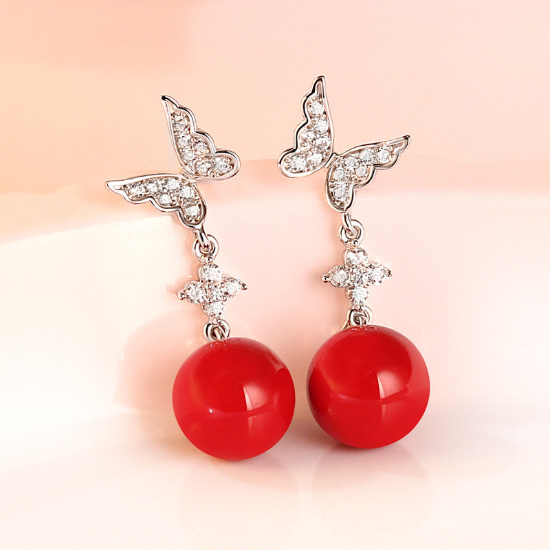 925 Sterling Silver Butterfly Pearl Drop Earrings – Elegant Red Pearl & Silver Dangle Jewelry