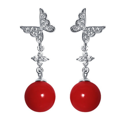 925 Sterling Silver Butterfly Pearl Drop Earrings – Elegant Red Pearl & Silver Dangle Jewelry