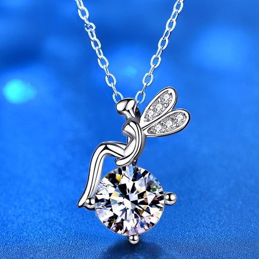 925 Sterling Silver Cartoon Angel Pendant Necklace with 1ct Moissanite Cross Chain Women's Rhodium Plated Jewelry