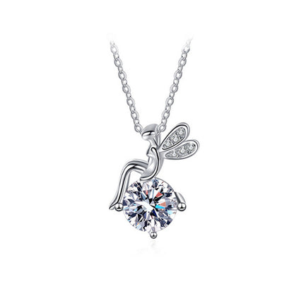 925 Sterling Silver Cartoon Angel Pendant Necklace with 1ct Moissanite Cross Chain Women's Rhodium Plated Jewelry