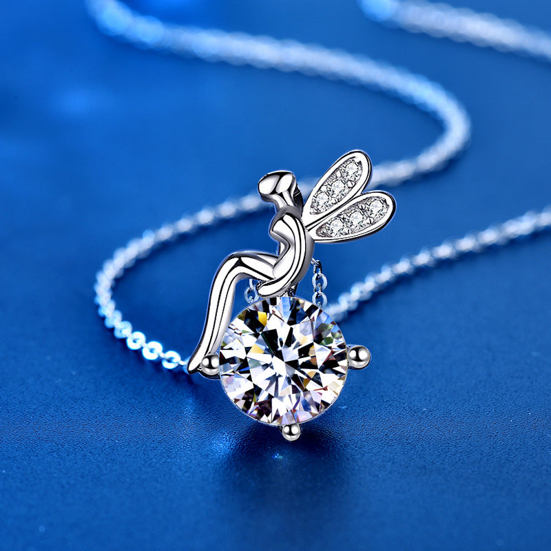 925 Sterling Silver Cartoon Angel Pendant Necklace with 1ct Moissanite Cross Chain Women's Rhodium Plated Jewelry