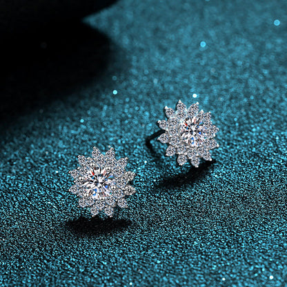 925 Sterling Silver Floral Cluster Stud Earrings - 1ct Moissanite in 4-Prong Starry Design