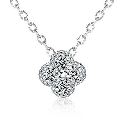 925 Sterling Silver Four-Leaf Clover Pendant Necklace - Lucky Charm Full Zirconia Collarbone Chain