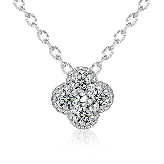 925 Sterling Silver Four-Leaf Clover Pendant Necklace - Lucky Charm Full Zirconia Collarbone Chain