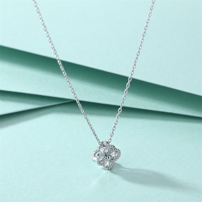 925 Sterling Silver Four-Leaf Clover Pendant Necklace - Lucky Charm Full Zirconia Collarbone Chain