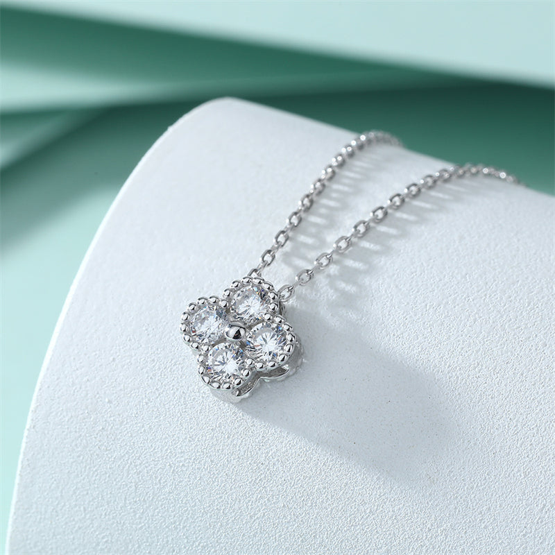 925 Sterling Silver Four-Leaf Clover Pendant Necklace - Lucky Charm Full Zirconia Collarbone Chain