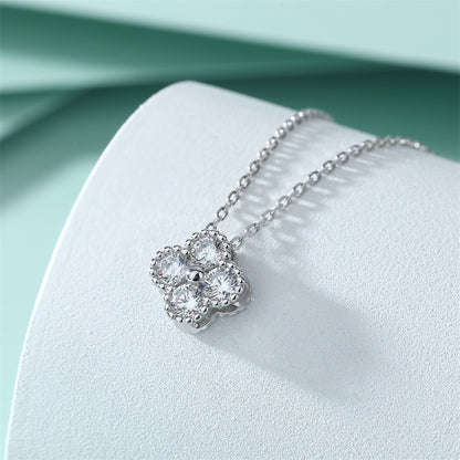 925 Sterling Silver Four-Leaf Clover Pendant Necklace - Lucky Charm Full Zirconia Collarbone Chain