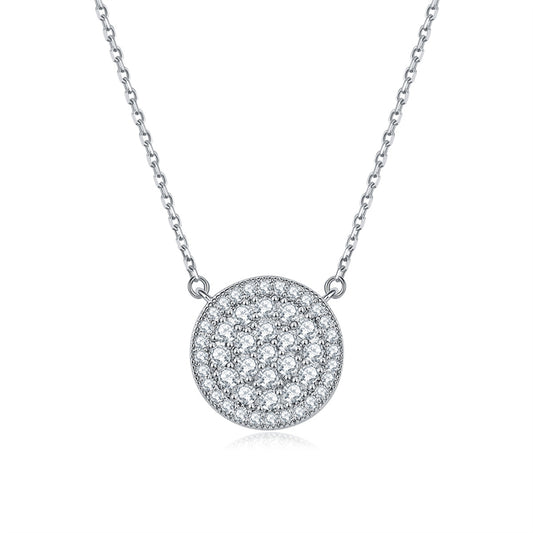 925 Sterling Silver Full-Zirconia Circle Pendant Necklace - Elegant Round Collarbone Chain