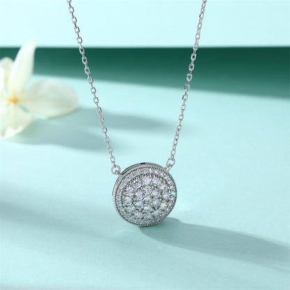 925 Sterling Silver Full-Zirconia Circle Pendant Necklace - Elegant Round Collarbone Chain