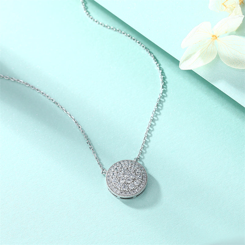 925 Sterling Silver Full-Zirconia Circle Pendant Necklace - Elegant Round Collarbone Chain