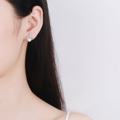925 Sterling Silver Heart-Shaped Stud Earrings - Flawless Freshwater Pearl with 0.32ct Moissanite