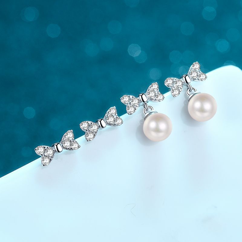 925 Sterling Silver Heart Bow Stud Earrings - 0.30ct Moissanite & 6mm Freshwater Pearls