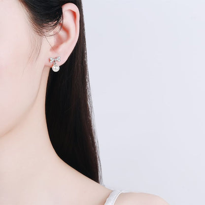 925 Sterling Silver Heart Bow Stud Earrings - 0.30ct Moissanite & 6mm Freshwater Pearls