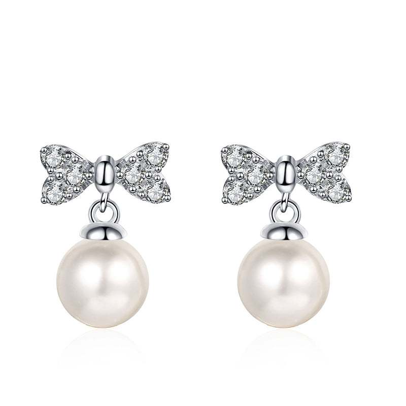 925 Sterling Silver Heart Bow Stud Earrings - 0.30ct Moissanite & 6mm Freshwater Pearls