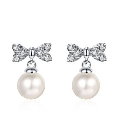 925 Sterling Silver Heart Bow Stud Earrings - 0.30ct Moissanite & 6mm Freshwater Pearls