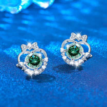 925 Sterling Silver Heart Bow Stud Earrings with 0.5ct White/Green Moissanite Rhodium Plated Minimalist Jewelry for Women