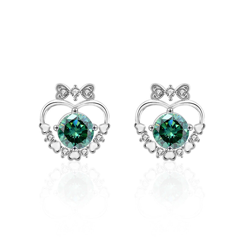 925 Sterling Silver Heart Bow Stud Earrings with 0.5ct White/Green Moissanite Rhodium Plated Minimalist Jewelry for Women