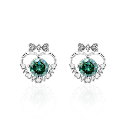 925 Sterling Silver Heart Bow Stud Earrings with 0.5ct White/Green Moissanite Rhodium Plated Minimalist Jewelry for Women
