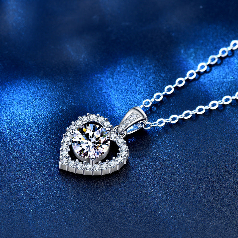 925 Sterling Silver Heart Pendant Necklace with 1ct Moissanite Cross Chain Women's Versatile Jewelry