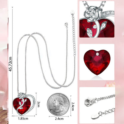 925 Sterling Silver Heart & Rose Pendant Necklace - Elegant Cubic Zirconia Collarbone Chain