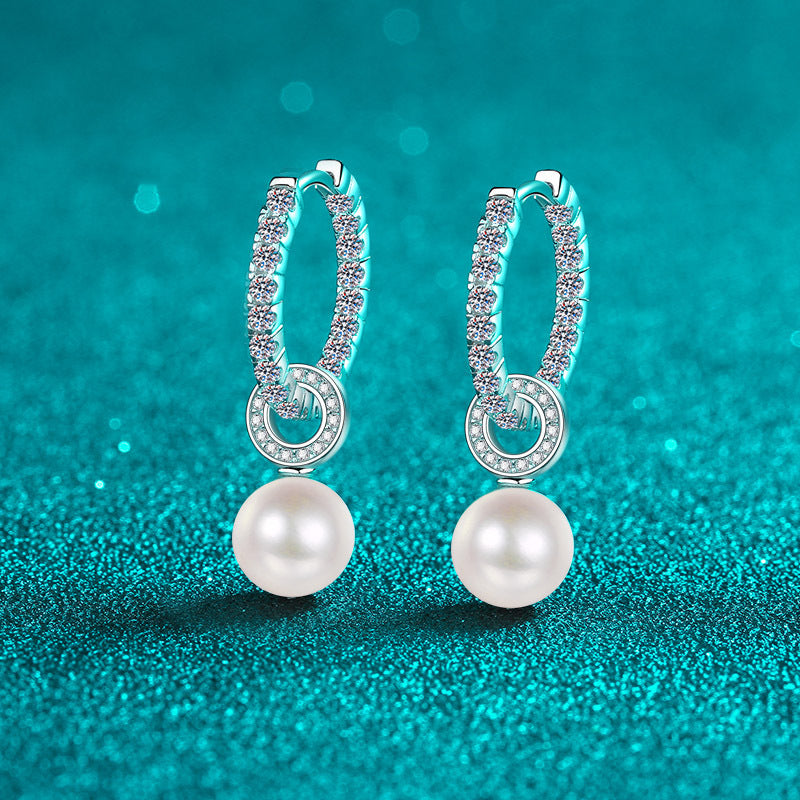 925 Sterling Silver Huggie Hoops - 1.1ct Moissanite & 8mm 5A Freshwater Pearls with PT950 Gold Plating