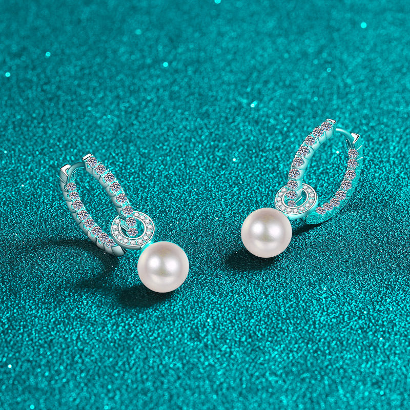 925 Sterling Silver Huggie Hoops - 1.1ct Moissanite & 8mm 5A Freshwater Pearls with PT950 Gold Plating