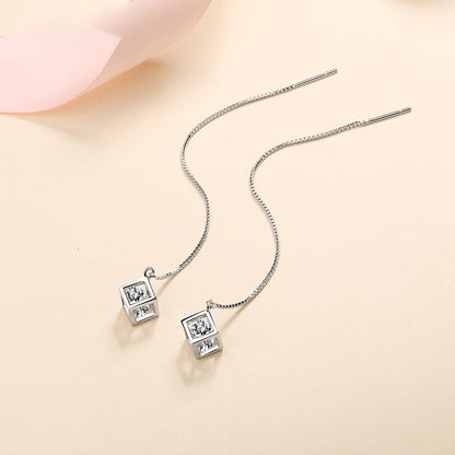 S925 Sterling Silver Love Cube Drop Earrings - 1CT/2CT Moissanite Tassel Earrings with Tree Motif