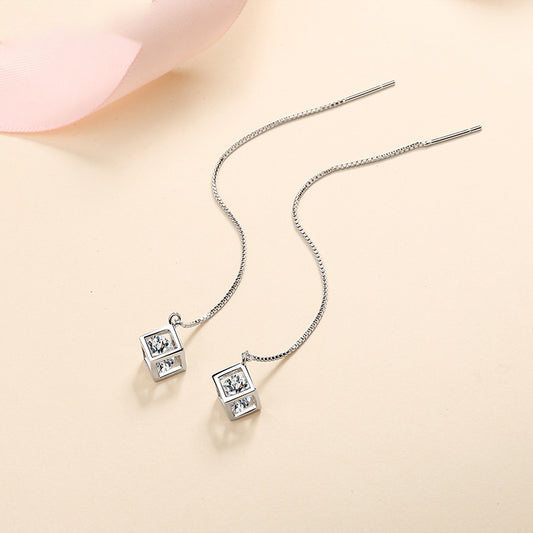 S925 Sterling Silver Love Cube Drop Earrings - 1CT/2CT Moissanite Tassel Earrings with Tree Motif