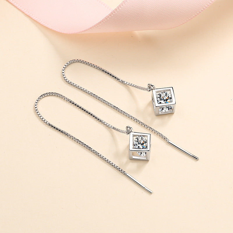 S925 Sterling Silver Love Cube Drop Earrings - 1CT/2CT Moissanite Tassel Earrings with Tree Motif
