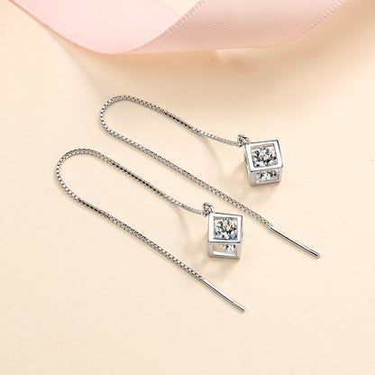 S925 Sterling Silver Love Cube Drop Earrings - 1CT/2CT Moissanite Tassel Earrings with Tree Motif