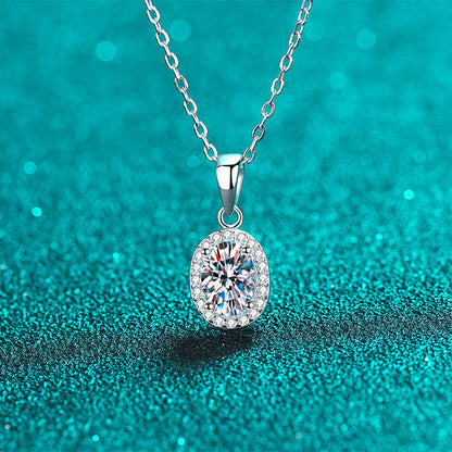 925 Sterling Silver Oval Halo Pendant Necklace - 1CT Moissanite PT950-Plated Dainty Chain
