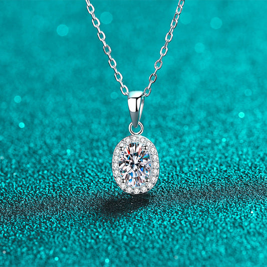 925 Sterling Silver Oval Halo Pendant Necklace - 1CT Moissanite PT950-Plated Dainty Chain