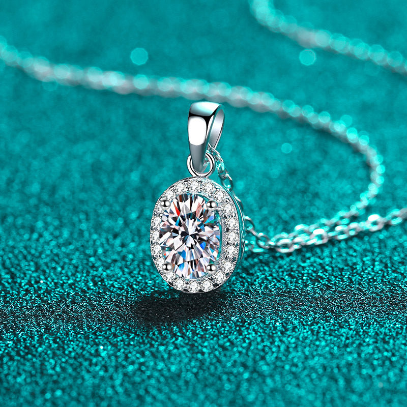 925 Sterling Silver Oval Halo Pendant Necklace - 1CT Moissanite PT950-Plated Dainty Chain
