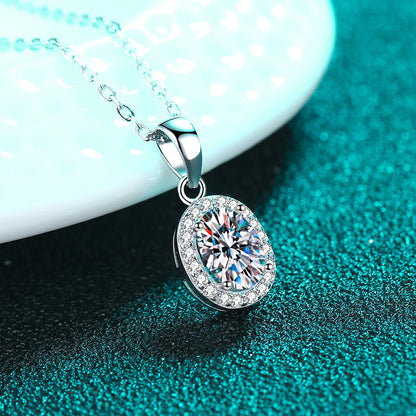 925 Sterling Silver Oval Halo Pendant Necklace - 1CT Moissanite PT950-Plated Dainty Chain