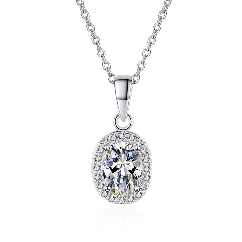 925 Sterling Silver Oval Halo Pendant Necklace - 1CT Moissanite PT950-Plated Dainty Chain