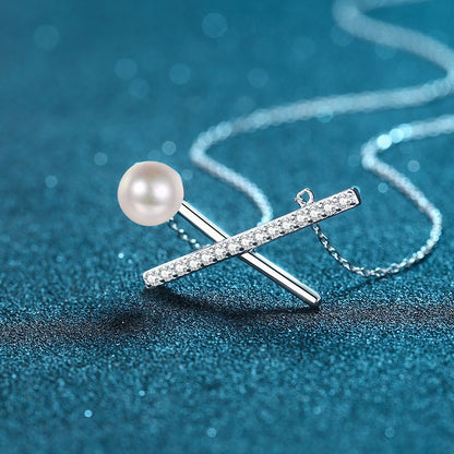 925 Sterling Silver PT950-Plated Cross Necklace - 37.5-Point Moissanite & 8-9mm Pearl Floral-Inspired Layered Choker