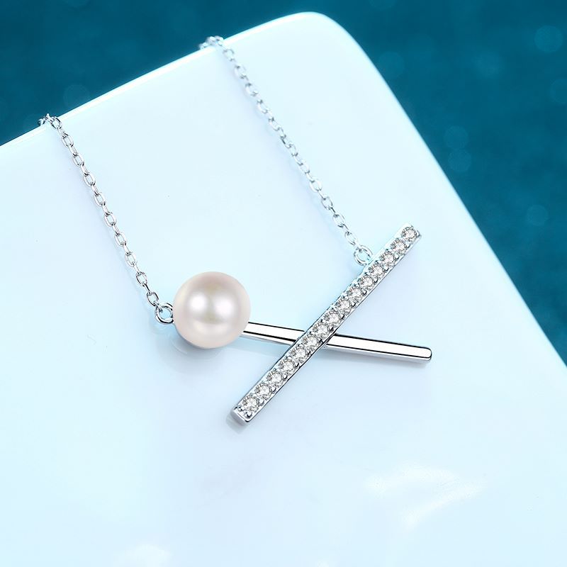 925 Sterling Silver PT950-Plated Cross Necklace - 37.5-Point Moissanite & 8-9mm Pearl Floral-Inspired Layered Choker