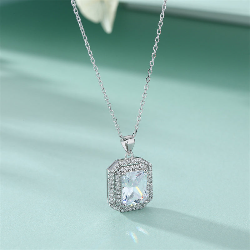 925 Sterling Silver Rectangle Zircon Pendant Necklace - Modern Square Cut Collarbone Chain