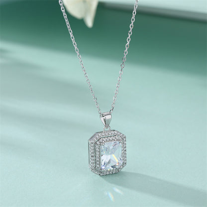 925 Sterling Silver Rectangle Zircon Pendant Necklace - Modern Square Cut Collarbone Chain