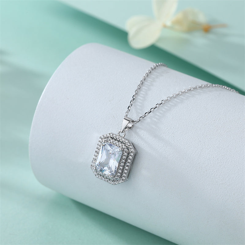 925 Sterling Silver Rectangle Zircon Pendant Necklace - Modern Square Cut Collarbone Chain