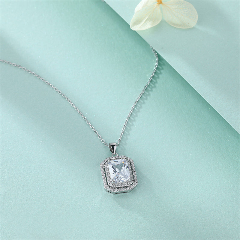 925 Sterling Silver Rectangle Zircon Pendant Necklace - Modern Square Cut Collarbone Chain