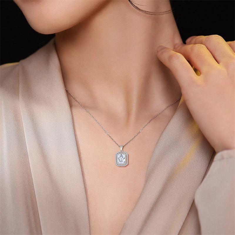 925 Sterling Silver Rectangle Zircon Pendant Necklace - Modern Square Cut Collarbone Chain