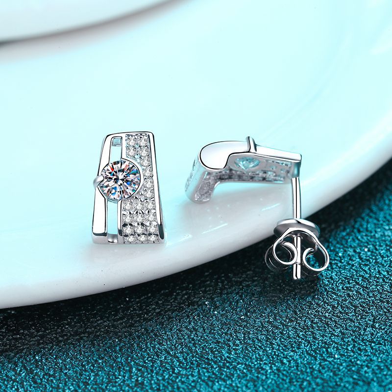925 Sterling Silver Rectangular Stud Earrings with 0.30ct Moissanite – Minimalist Prong-Set Design