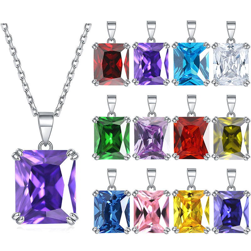 925 Sterling Silver Rectangular Zircon Pendant Necklace - Minimalist Birthstone Collarbone Chain