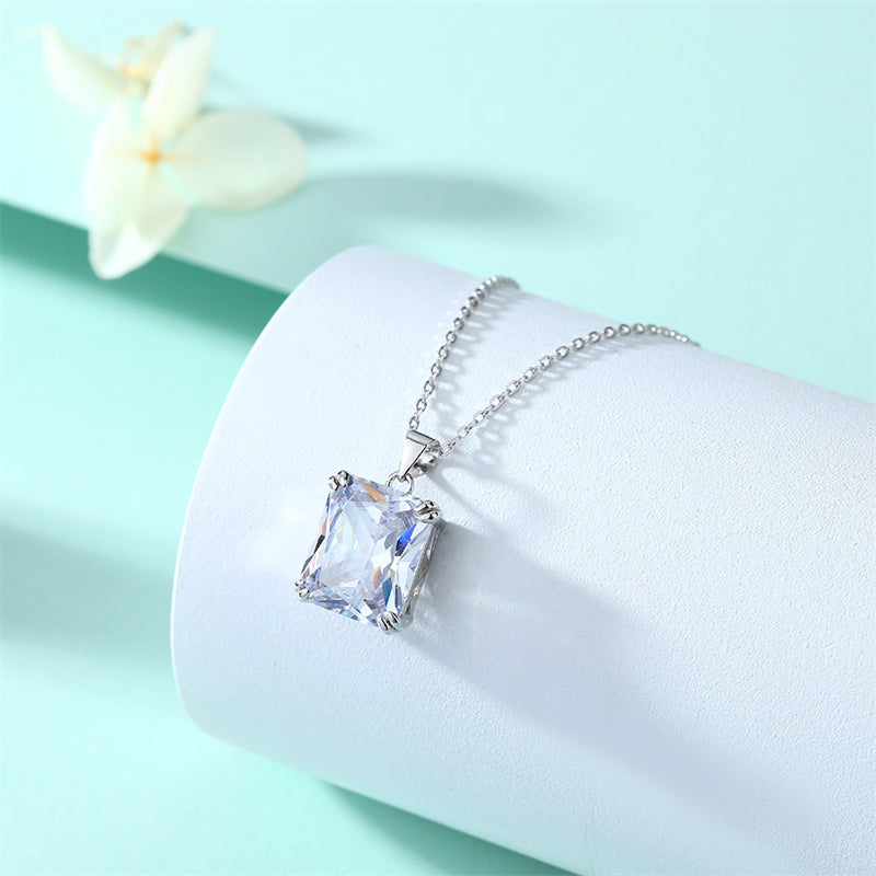 925 Sterling Silver Rectangular Zircon Pendant Necklace - Minimalist Birthstone Collarbone Chain