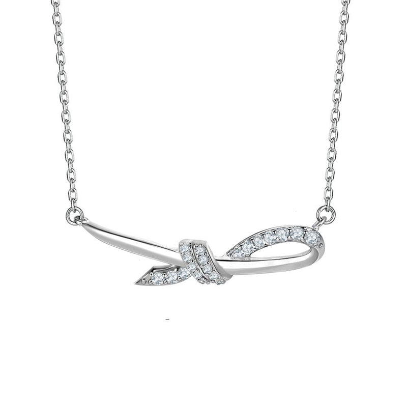 925 Sterling Silver Ribbon Bow Pendant Necklace - Elegant Zirconia Accent Collarbone Chain