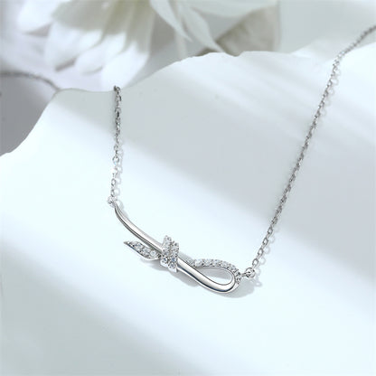 925 Sterling Silver Ribbon Bow Pendant Necklace - Elegant Zirconia Accent Collarbone Chain