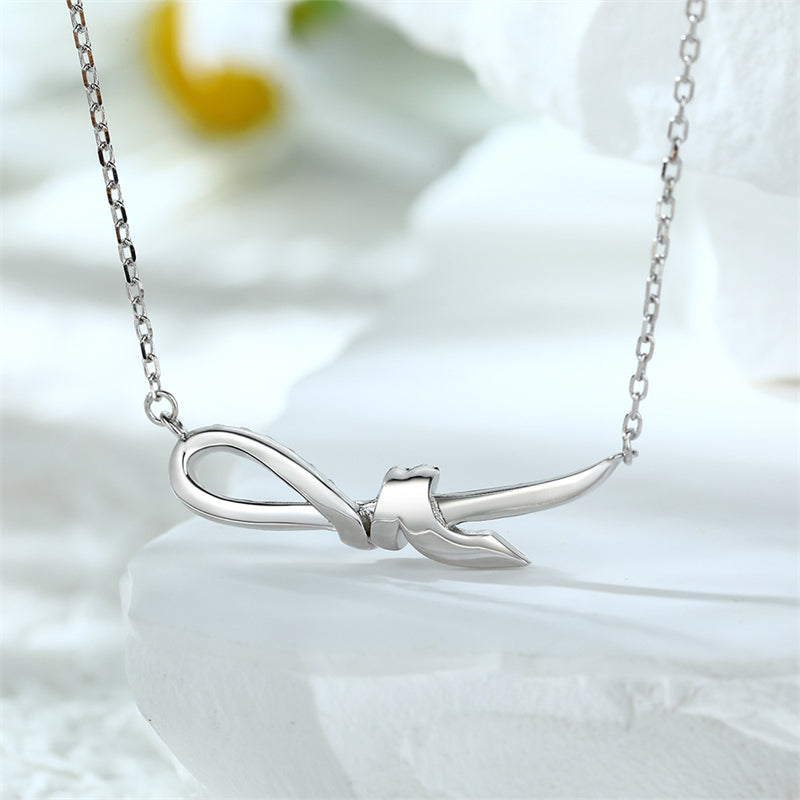 925 Sterling Silver Ribbon Bow Pendant Necklace - Elegant Zirconia Accent Collarbone Chain