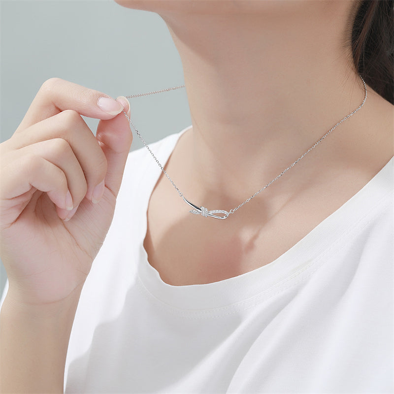925 Sterling Silver Ribbon Bow Pendant Necklace - Elegant Zirconia Accent Collarbone Chain
