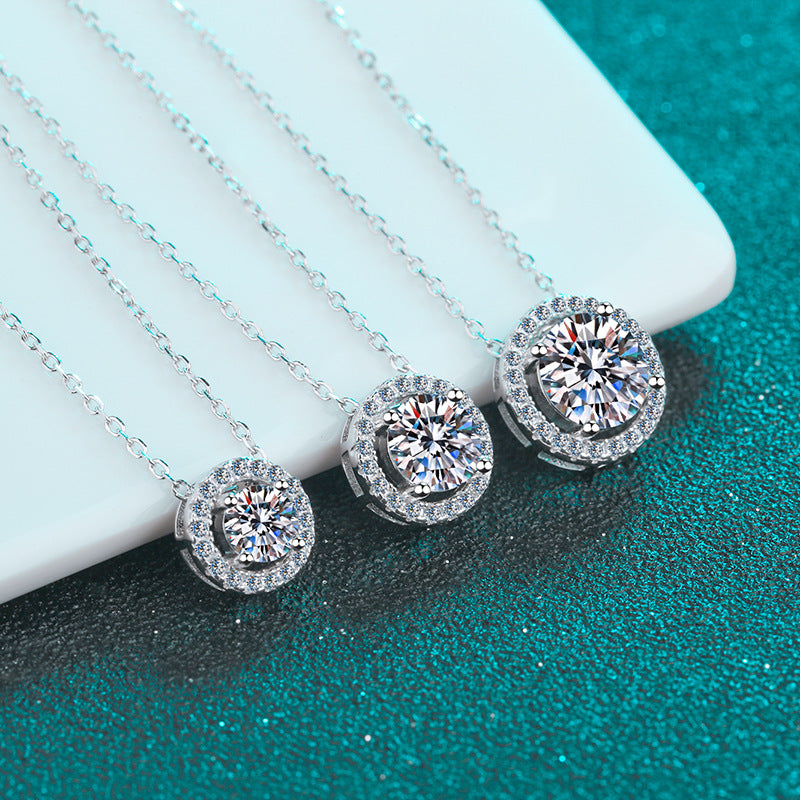 925 Sterling Silver Round Halo Pendant Necklace - Minimalist Moissanite Choker for Women